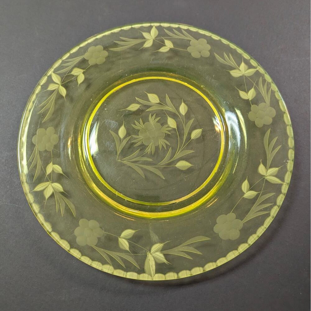 Antique etched glass depression plate yellow uranium
